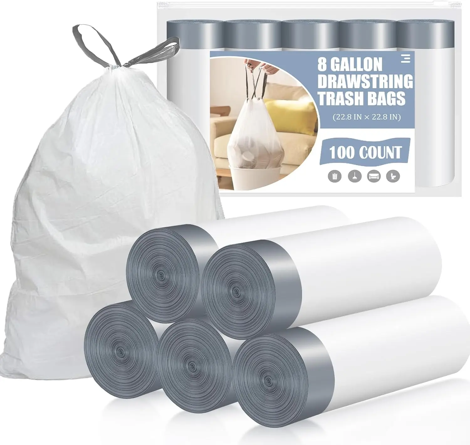 8 Gallon Drawstring Trash Bags, 100 Count Pre-Separated, Unscented White Garbage Bags for Medium Cans
8 Gallon Drawstring Trash Bags, 100 Count Pre-Separated, Unscented White Garbage Bags for Medium Cans