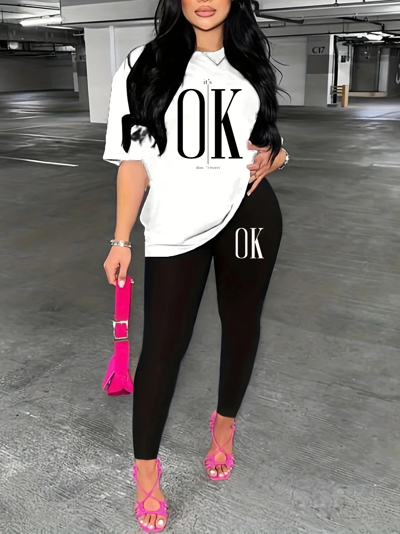 Women's Spring and Summer Casual Loose It's OK Don't Worry Printed Round Neck Short Sleeve T-shirt+Tight Pants Two Piece Set
Women's Spring and Summer Casual Loose It's OK Don't Worry Printed Round Neck Short Sleeve T-shirt+Tight Pants Two Piece Set
