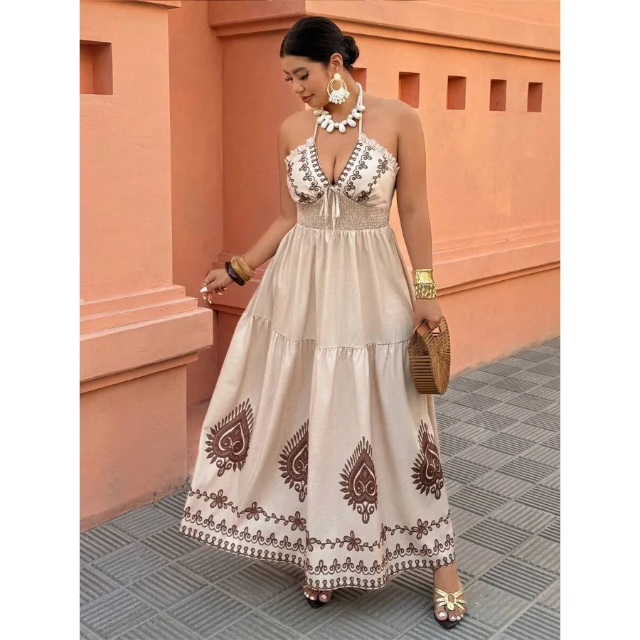 【New style】Breezaya Plus Size Women's Bohemian Style Spaghetti Strap V-Neck Maxi Dress, Suitable For Vacation And Everyday Wear
【New style】Breezaya Plus Size Women's Bohemian Style Spaghetti Strap V-Neck Maxi Dress, Suitable For Vacation And Everyday Wear