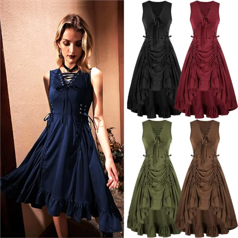 New women's Renaissance lace-up vest dress; asymmetrical hem skirt; sleeveless heart-shaped neckline Gothic pirate role-play
New women's Renaissance lace-up vest dress; asymmetrical hem skirt; sleeveless heart-shaped neckline Gothic pirate role-play