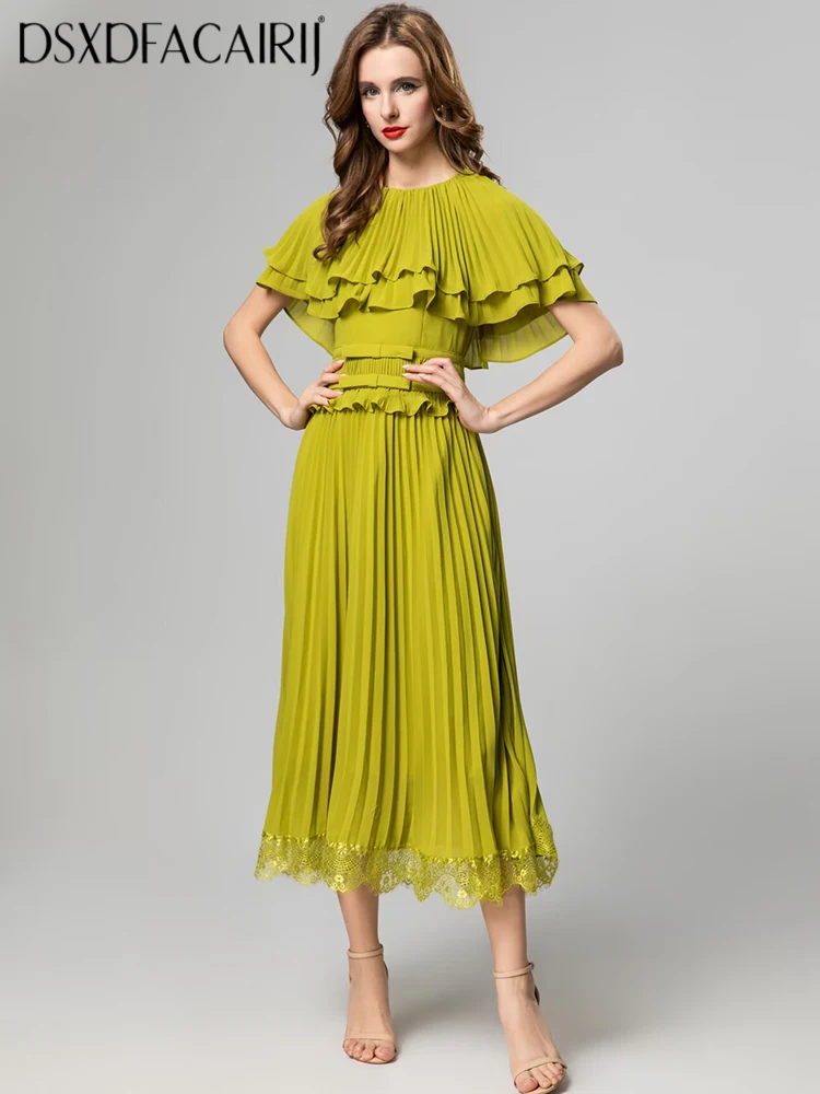 DSXDFACAIRIJ Women's Pleated Dress O-Neck Short Sleeve Ruffle Vintage Lace Hem Solid Color Fashion Summer Female
DSXDFACAIRIJ Women's Pleated Dress O-Neck Short Sleeve Ruffle Vintage Lace Hem Solid Color Fashion Summer Female