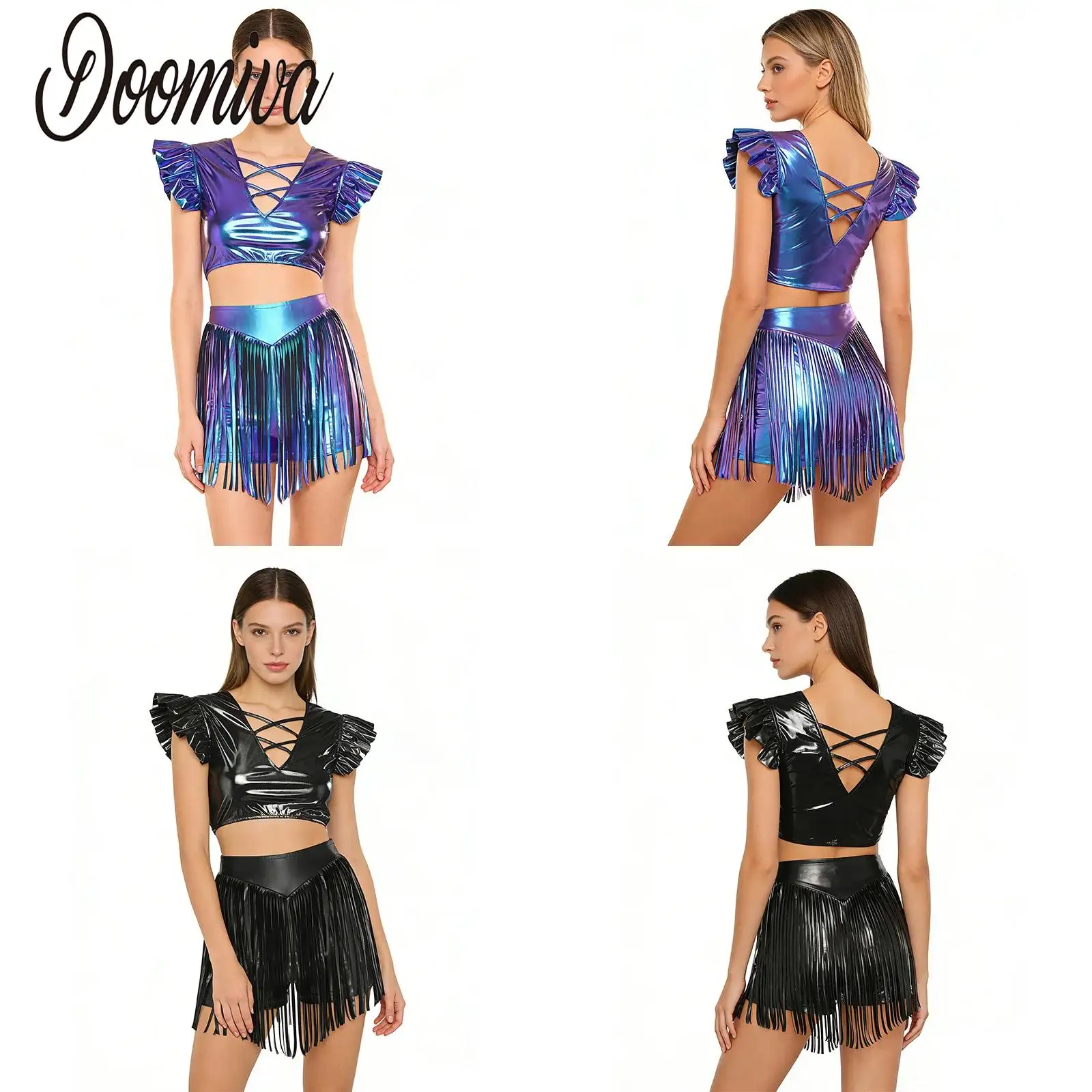 Women Metallic Raves Party Jazz Latin Cha-cha Samba Dance Costume 2pcs Fly Sleeve Crop Top And Tassel Shorts for Rock Nightclub
Women Metallic Raves Party Jazz Latin Cha-cha Samba Dance Costume 2pcs Fly Sleeve Crop Top And Tassel Shorts for Rock Nightclub