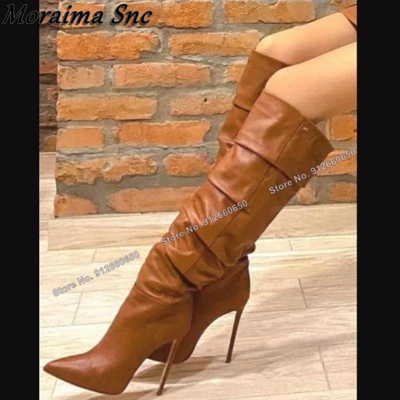 Moraima Snc Brown Slip on Knee High Boots Pleated Shoes for Women Solid Boots Pointed Toe Stilettos High Heels Zapatillas Mujer 
Moraima Snc Brown Slip on Knee High Boots Pleated Shoes for Women Solid Boots Pointed Toe Stilettos High Heels Zapatillas Mujer