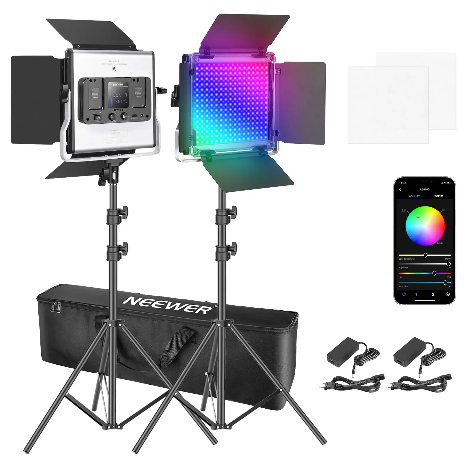 Neewer 2 Packs 660 RGB Led Light With APP Control, Photography Video Lighting Kit With Stands And Bag, 660 SMD LEDs CRI97+/3200K
Neewer 2 Packs 660 RGB Led Light With APP Control, Photography Video Lighting Kit With Stands And Bag, 660 SMD LEDs CRI97+/3200K