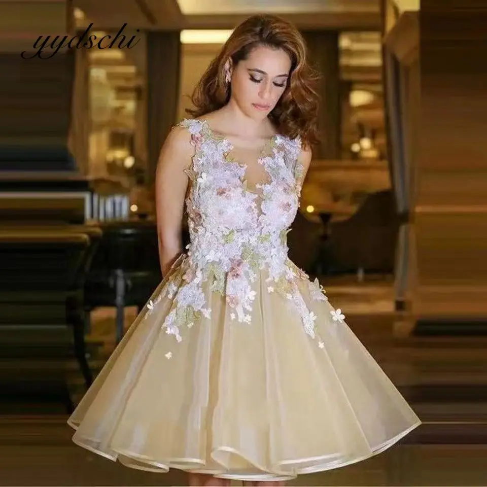 2022 Champagne O-Neck Cocktail Dress Tulle Appliques Backless Prom Dress For Women A-Line Homecoming Gown
2022 Champagne O-Neck Cocktail Dress Tulle Appliques Backless Prom Dress For Women A-Line Homecoming Gown