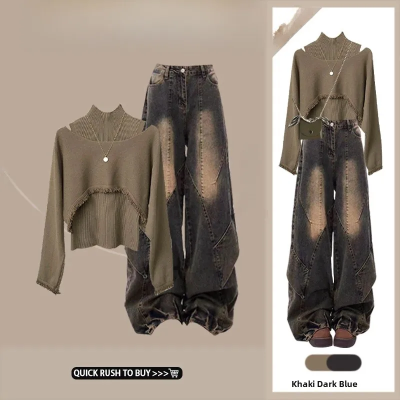 Korean Sle Knitted Denim Set Autumn Faion Streetwear Retro Jeans Long Sve Women's plus Size Ensemble Autumn Collection
Korean Sle Knitted Denim Set Autumn Faion Streetwear Retro Jeans Long Sve Women's plus Size Ensemble Autumn Collection