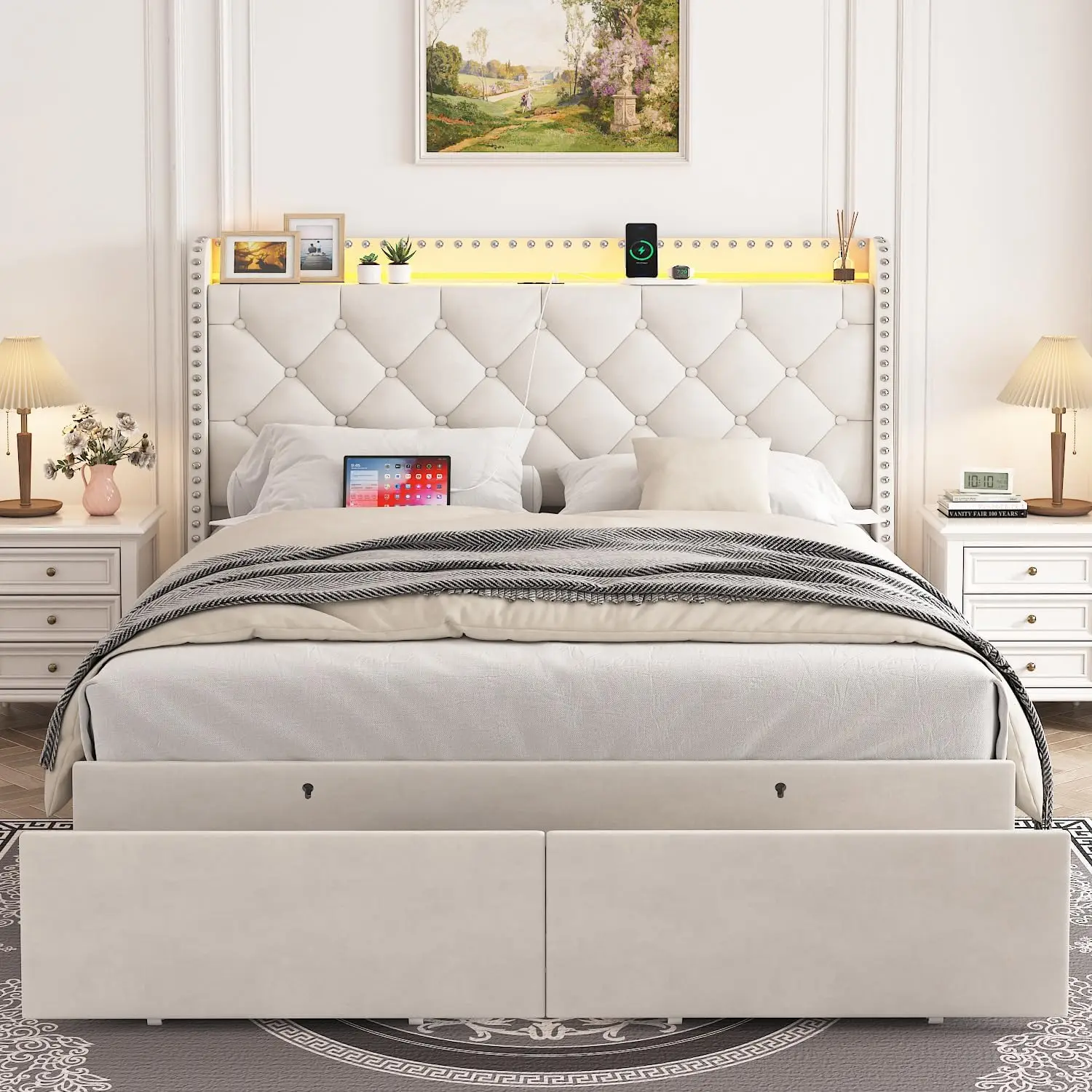 Large bed frame with LED lights and drawers, soft cushion, button cluster canvas headboard, easy to assemble, beige color
Large bed frame with LED lights and drawers, soft cushion, button cluster canvas headboard, easy to assemble, beige color