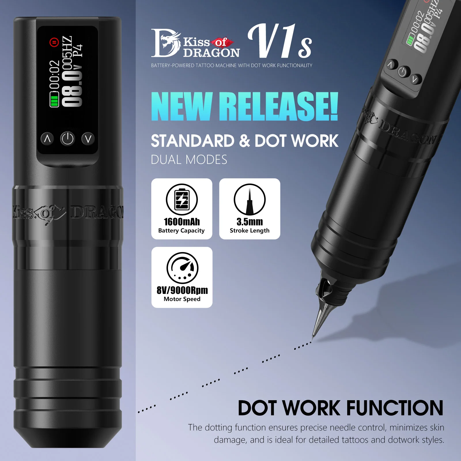 Kiss of Dragon V1s Wireless Tattoo Pen Dual Standard & Dot Work Mode 3.5mm Stroke Low Vibration Rotary Tattoo Machine
Kiss of Dragon V1s Wireless Tattoo Pen Dual Standard & Dot Work Mode 3.5mm Stroke Low Vibration Rotary Tattoo Machine
