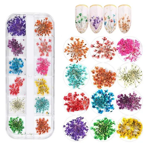Decoração de unhas com flores secas mistas, joias, adesivos de flores e folhas naturais, design de arte de unha 3d, arte de unha polida