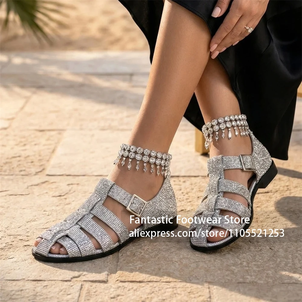 Rhinestones Caged Closed Toe Flat Sandals Bling Bling Glitter Ankle Strap Summer Shoes Luxury Designer Style Sandals for Women
Rhinestones Caged Closed Toe Flat Sandals Bling Bling Glitter Ankle Strap Summer Shoes Luxury Designer Style Sandals for Women