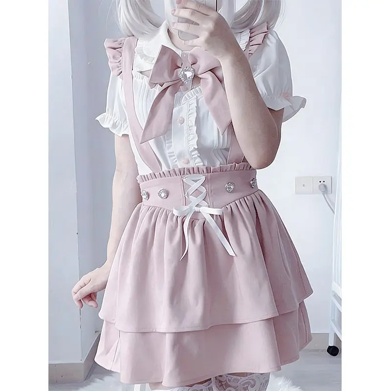 Japanese Sweet Lolita 2 Pieces Sets Women Kawaii Bow Puff Short Sleeves Blouse Cute Bandage Suspender Skirts Korean Y2k Outfits
Japanese Sweet Lolita 2 Pieces Sets Women Kawaii Bow Puff Short Sleeves Blouse Cute Bandage Suspender Skirts Korean Y2k Outfits