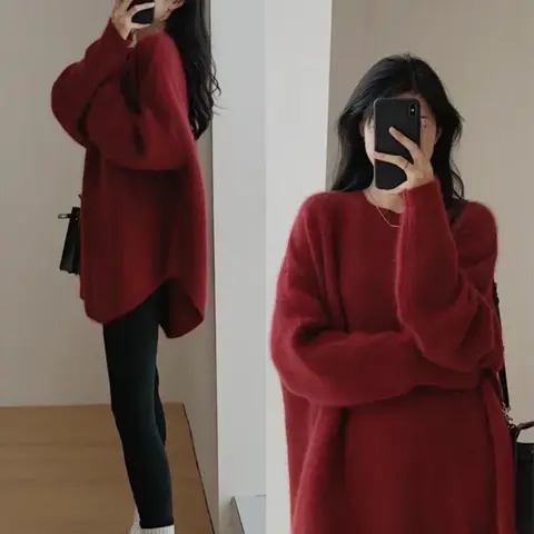 Women's Sweater Long Red Knit Tops for Woman Pullovers Autumn Winter 2025 Y2k Fashion Korea Sleeve Jersey New Collection in Cold