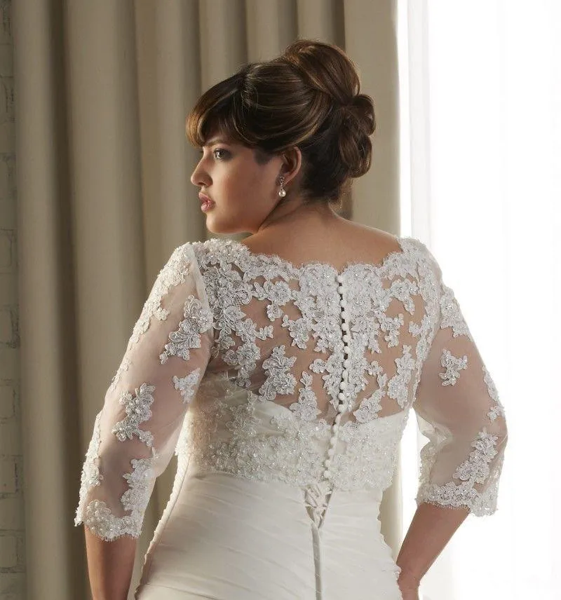 Custom Made Appliques Wedding Jackets Lace Appliques Bridal Boleros Wraps 3/4 Long Sleeve White Ivory Boat Neck Coat
Custom Made Appliques Wedding Jackets Lace Appliques Bridal Boleros Wraps 3/4 Long Sleeve White Ivory Boat Neck Coat