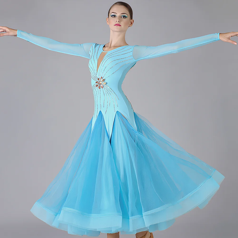 Lake Blue Clothing Women's Waltz Long Sleeve Standard Ballroom Dance Dress Rhinestone V-neck Performance Competition Clothing
Lake Blue Clothing Women's Waltz Long Sleeve Standard Ballroom Dance Dress Rhinestone V-neck Performance Competition Clothing