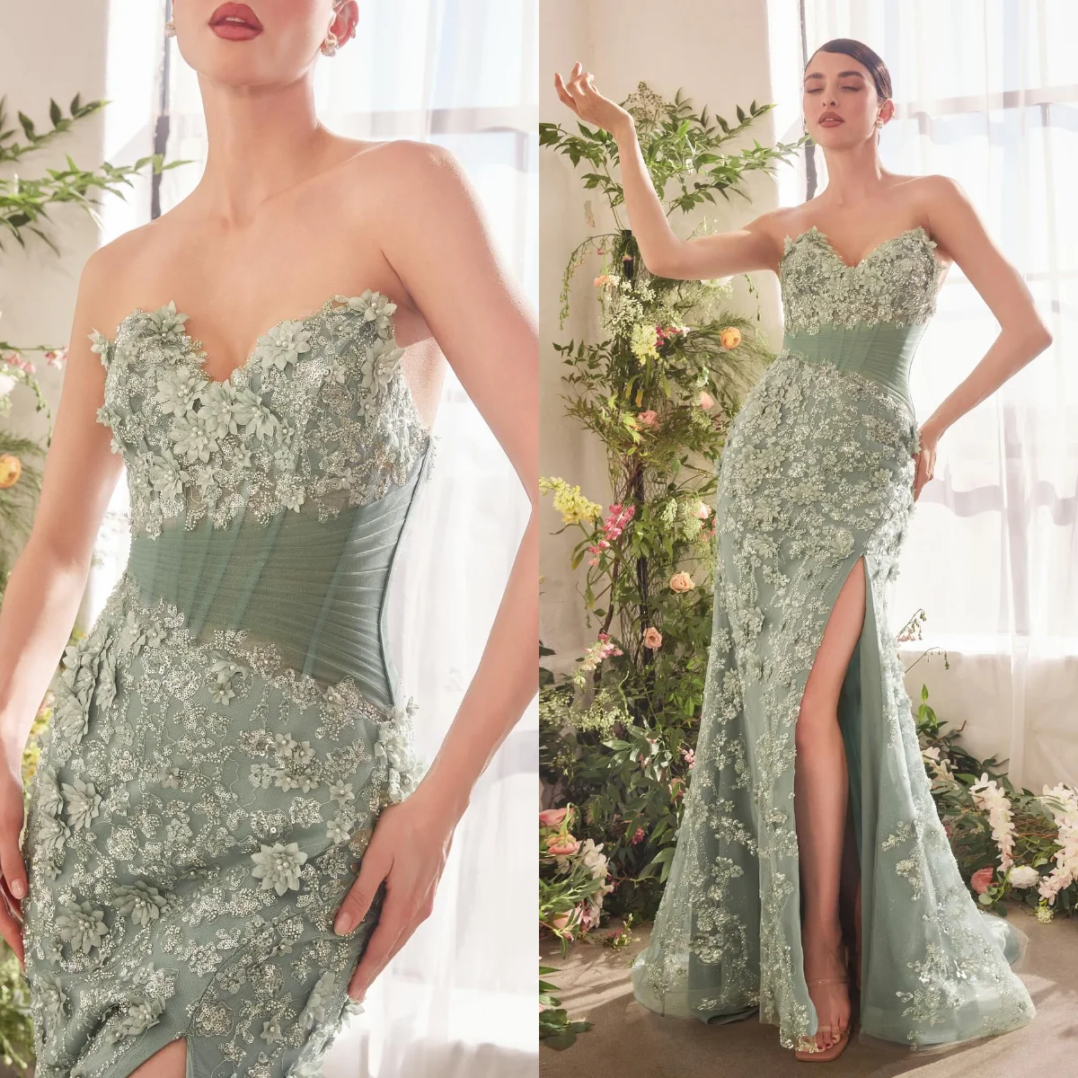 Sage Green Mermaid Split Evening Dresses Sweetheart Appliqued Beading Prom Gowns Customized Strapless vestidos de noche
Sage Green Mermaid Split Evening Dresses Sweetheart Appliqued Beading Prom Gowns Customized Strapless vestidos de noche