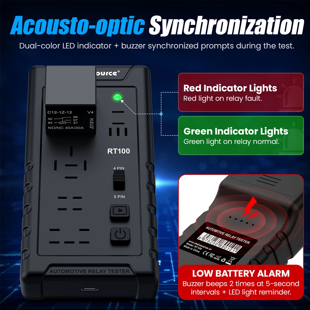12V 24V RT100 Automotive Relay Tester 4Pin 5Pin Battery Voltage Recognition Diagnostic Tool with LED Indicator Light
12V 24V RT100 Automotive Relay Tester 4Pin 5Pin Battery Voltage Recognition Diagnostic Tool with LED Indicator Light
