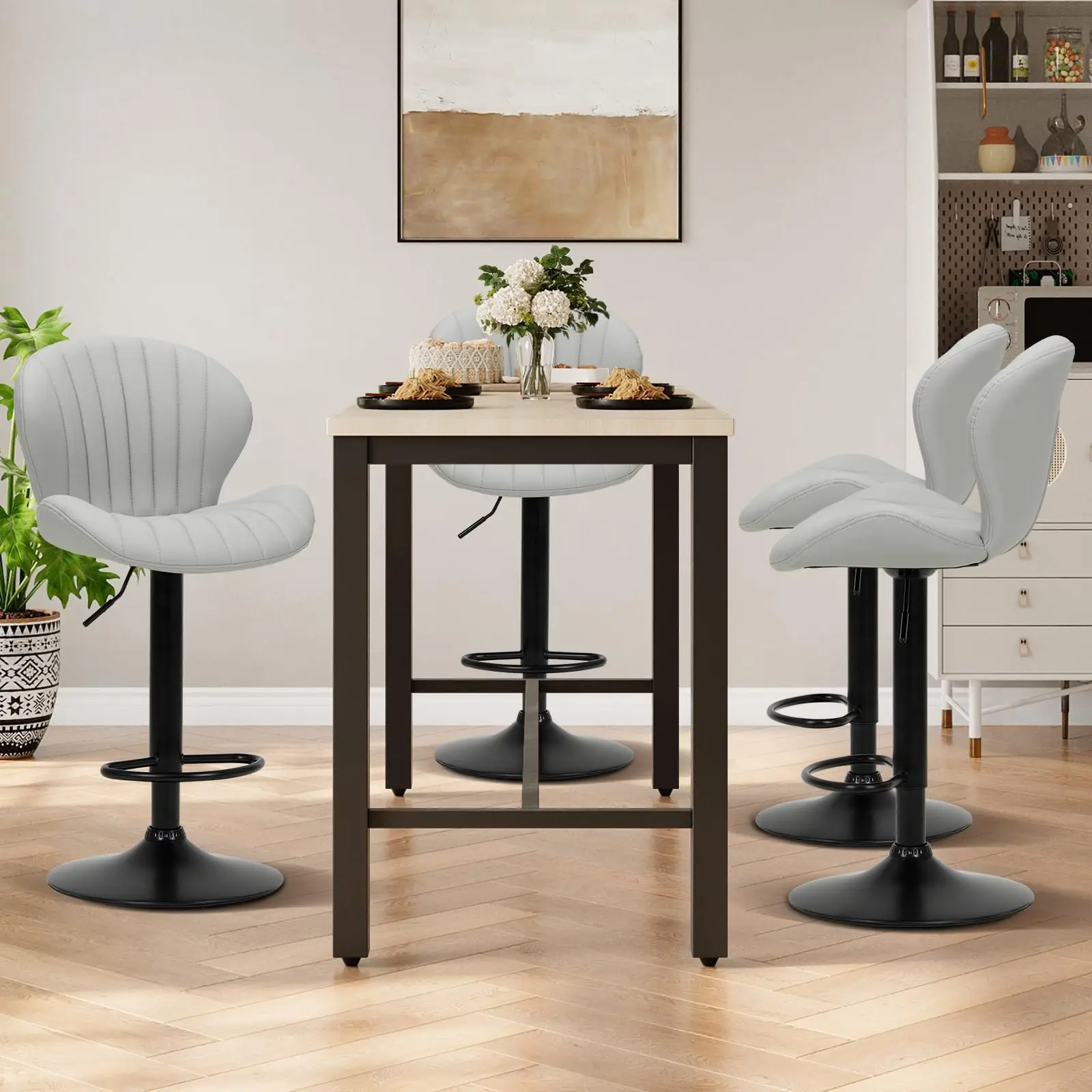 Set Of Four Modern Grey Swivel Bar Stools With Adjustable Height And High Back, Faux Leather Upholstery For Kitchen Island Or
Set Of Four Modern Grey Swivel Bar Stools With Adjustable Height And High Back, Faux Leather Upholstery For Kitchen Island Or