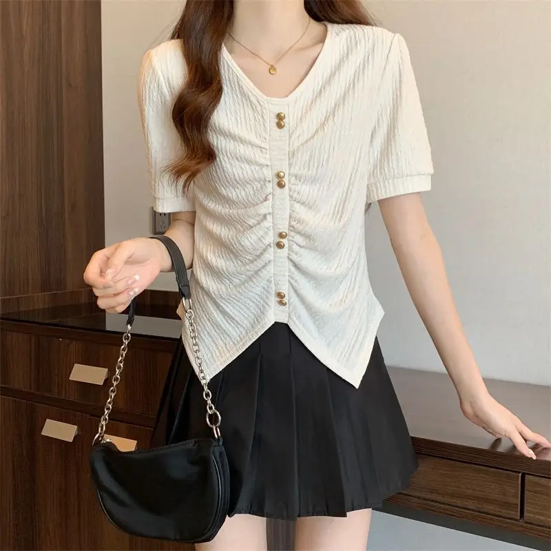 Women Clothes Fashion Simplicity Solid Color Pleated Irregular Short Sleeve T-Shirt Women's Summer Casual Loose All-match Tops
Women Clothes Fashion Simplicity Solid Color Pleated Irregular Short Sleeve T-Shirt Women's Summer Casual Loose All-match Tops