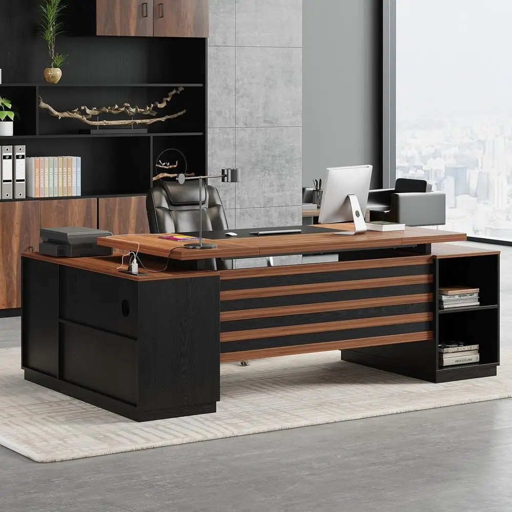 78-Inch L-Shaped Home Office Desk with Storage, Power Outlet, and Lateral File Cabinet, Brown Black
78-Inch L-Shaped Home Office Desk with Storage, Power Outlet, and Lateral File Cabinet, Brown Black