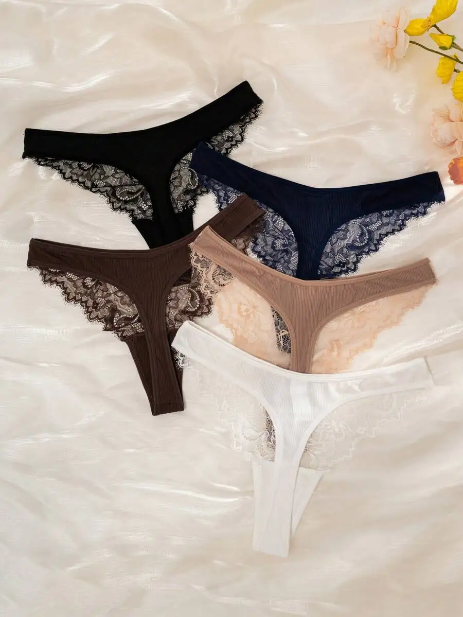 5pcs Lace Trim Ribbed Thong Panties For Women
5pcs Lace Trim Ribbed Thong Panties For Women