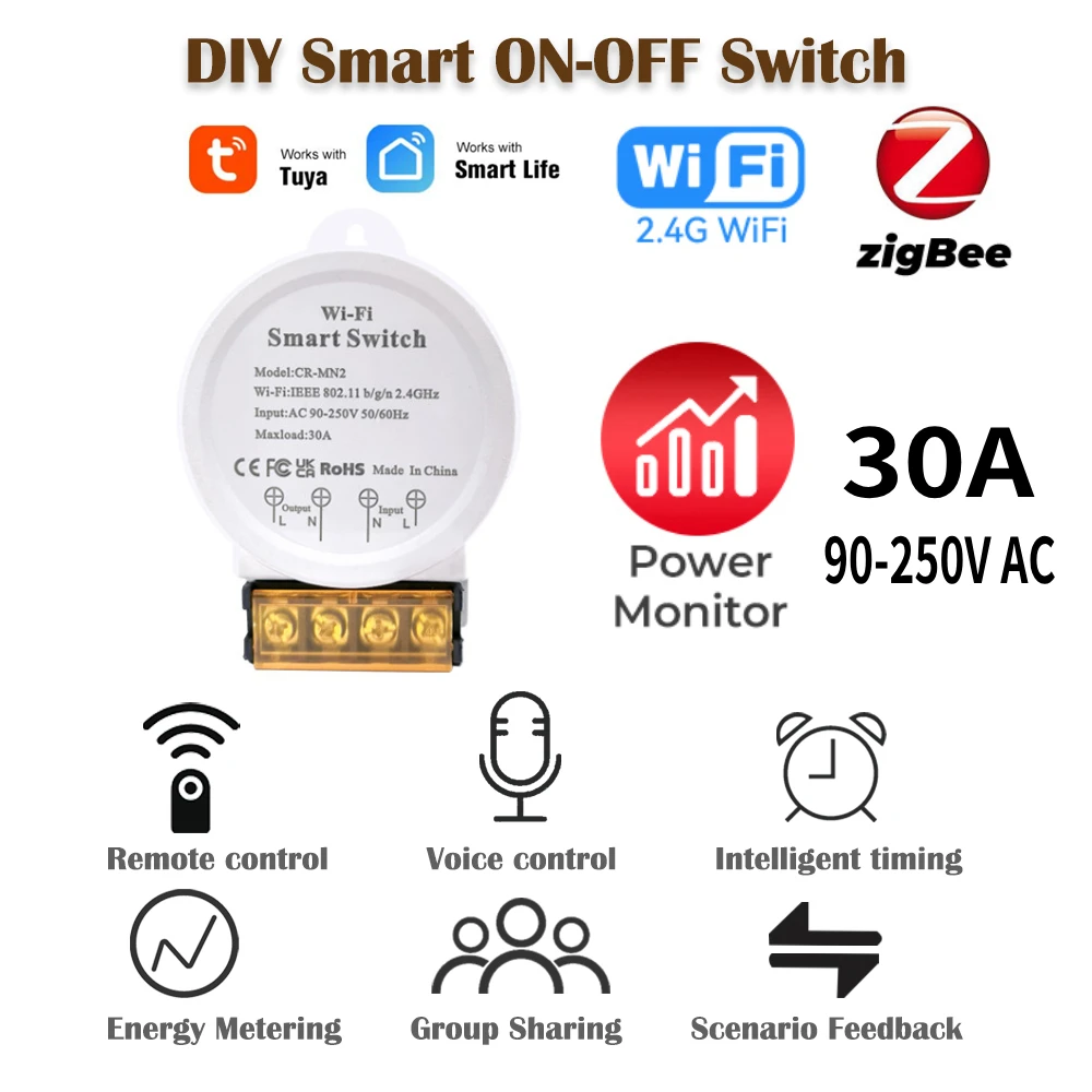 Релейный модуль Tuya WiFi ZigBee с монитором мощности 30A, высокая мощность AC90-250V, приложение Smart Life, Alexa Google Assistant Voice
Релейный модуль Tuya WiFi ZigBee с монитором мощности 30A, высокая мощность AC90-250V, приложение Smart Life, Alexa Google Assistant Voice