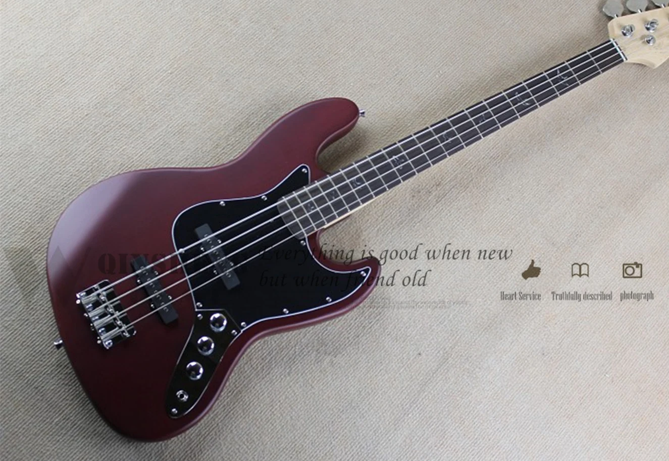 Matte Red Brown Bass 4 strings bass maple neck fixed bridge black guard chrome tuners
Matte Red Brown Bass 4 strings bass maple neck fixed bridge black guard chrome tuners