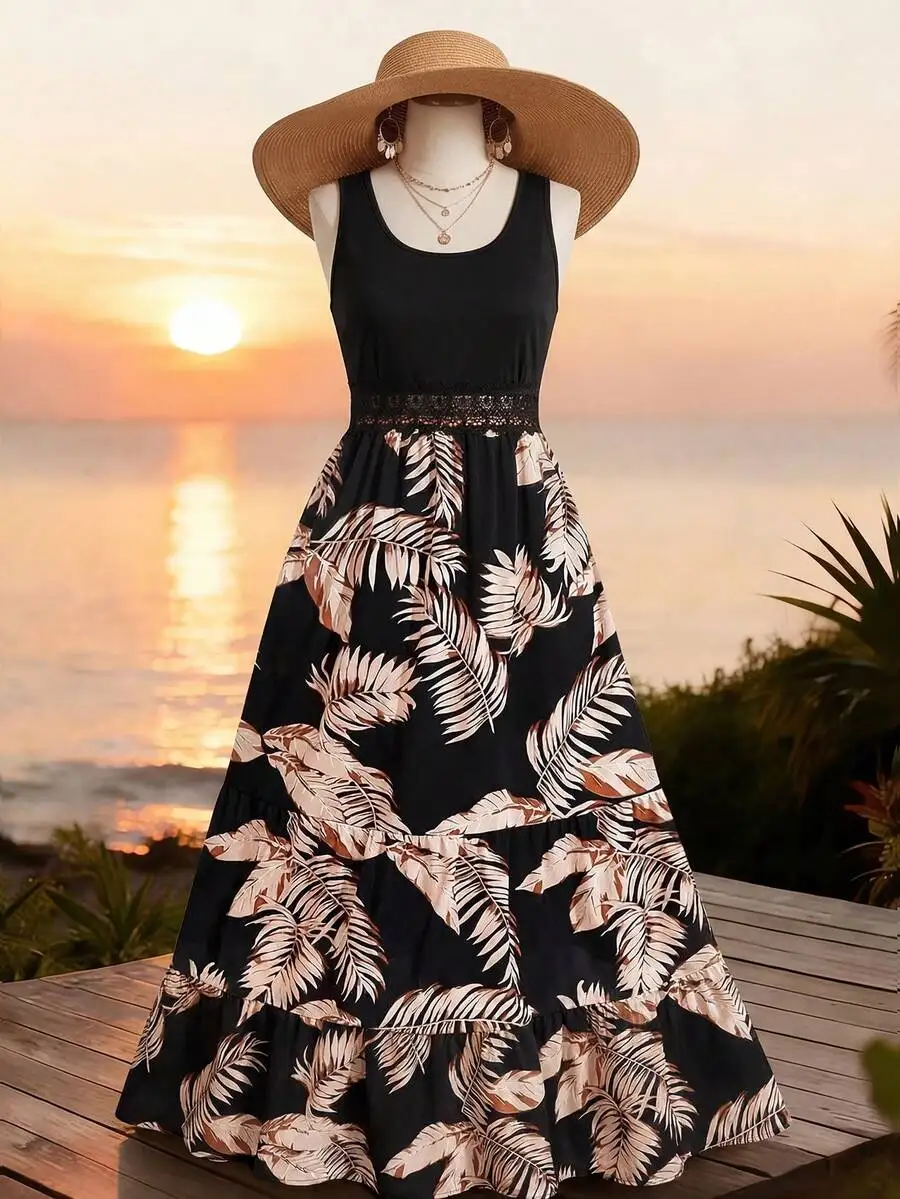Plus Size Women Floral Print Lace Trim Black Knit Waist Maxi Dress
Plus Size Women Floral Print Lace Trim Black Knit Waist Maxi Dress