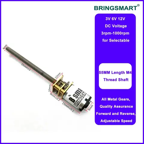 Bringsmart M4 55mm Threaded Shaft DC Gear Motor 3V 6V 12V 15/30/50/60/100/200/300/500/1000rpm Mini Electric Screw Reducer N20