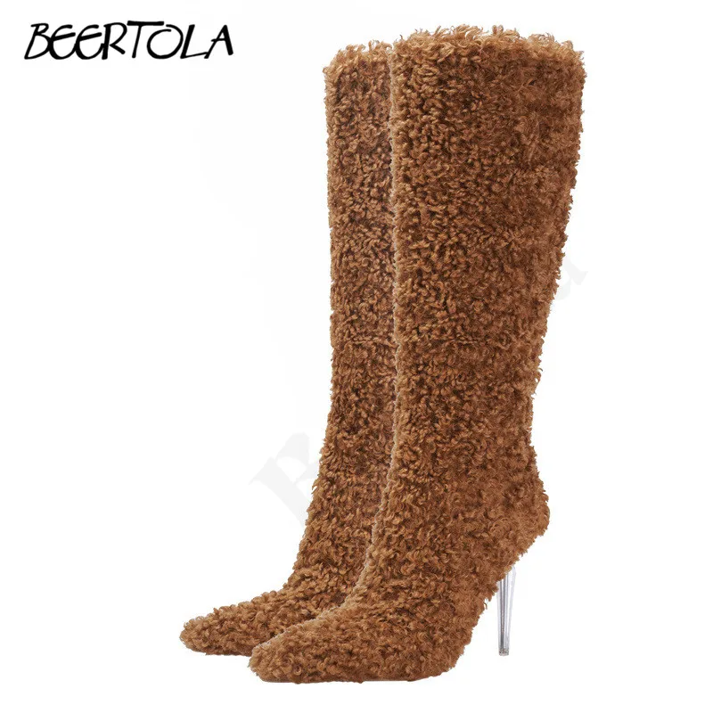 Brown Plush Winter Boots Pointed Toe Knee-High Transparent Stiletto Boots Large Size Fashionable Personality Women's Boots
Brown Plush Winter Boots Pointed Toe Knee-High Transparent Stiletto Boots Large Size Fashionable Personality Women's Boots