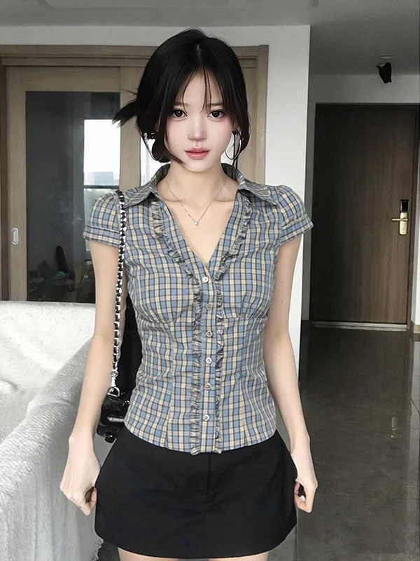 French Style Slim Fit Short Sleeve Shirt Women's Blue Plaid Shirt Waist Cinched Shoulder Appropriate Summer Casual Top
French Style Slim Fit Short Sleeve Shirt Women's Blue Plaid Shirt Waist Cinched Shoulder Appropriate Summer Casual Top