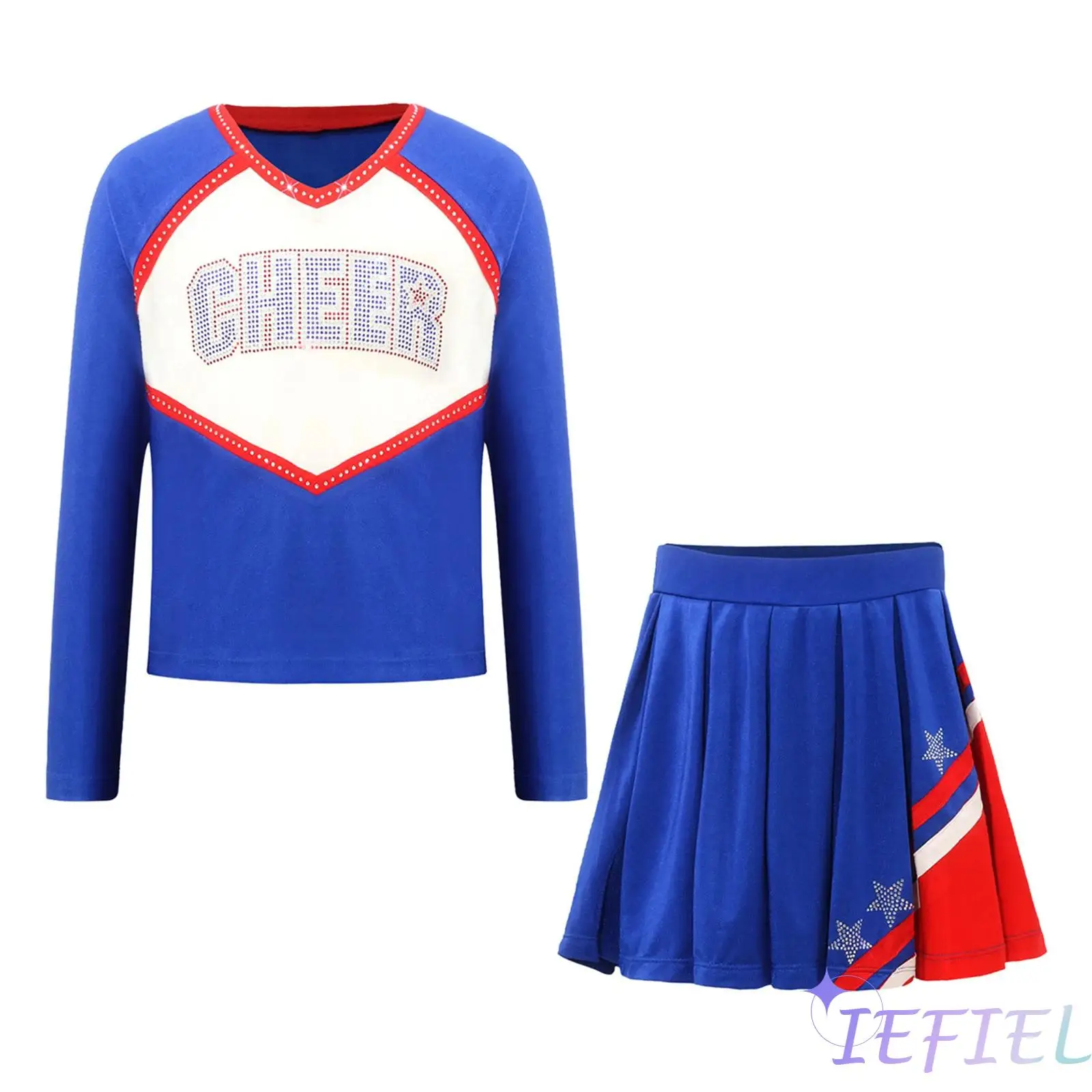 Girls Cheerleading Dance Set Long Sleeve Rhinestone Letter Top and Stars Skirt with Built in Shorts for 4th July Stage Show
Girls Cheerleading Dance Set Long Sleeve Rhinestone Letter Top and Stars Skirt with Built in Shorts for 4th July Stage Show