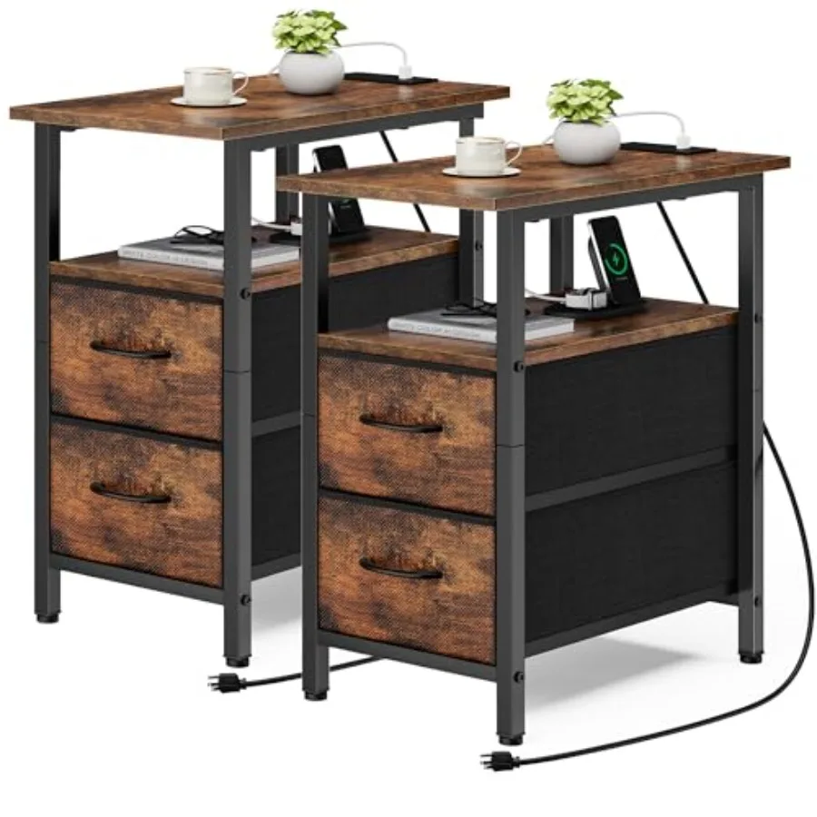 End Table with Charging Station Set of 2 Narrow Side Tables 23.8'' Tall Rustic Brown Nightstand with 2 Drawers for Small Spaces
End Table with Charging Station Set of 2 Narrow Side Tables 23.8'' Tall Rustic Brown Nightstand with 2 Drawers for Small Spaces