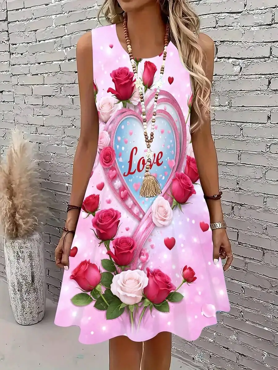 Sleeveless Round Neck Printed Casual Dress With 3D Rose Heart Love Design
Sleeveless Round Neck Printed Casual Dress With 3D Rose Heart Love Design