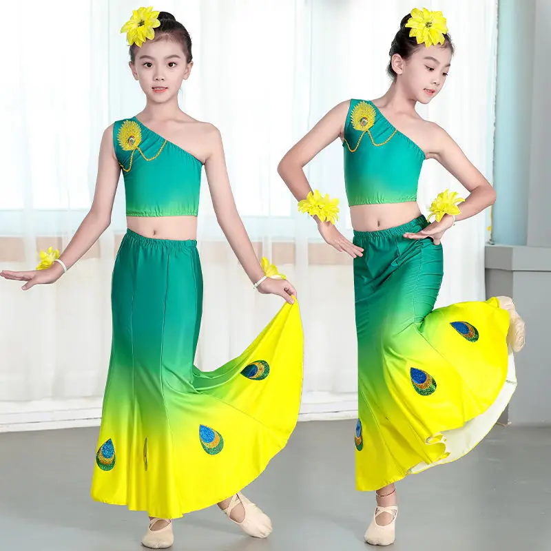 New Dai dance performance costumes for children, fish tail girls, peacock dance performance, ethnic practice skirts
New Dai dance performance costumes for children, fish tail girls, peacock dance performance, ethnic practice skirts