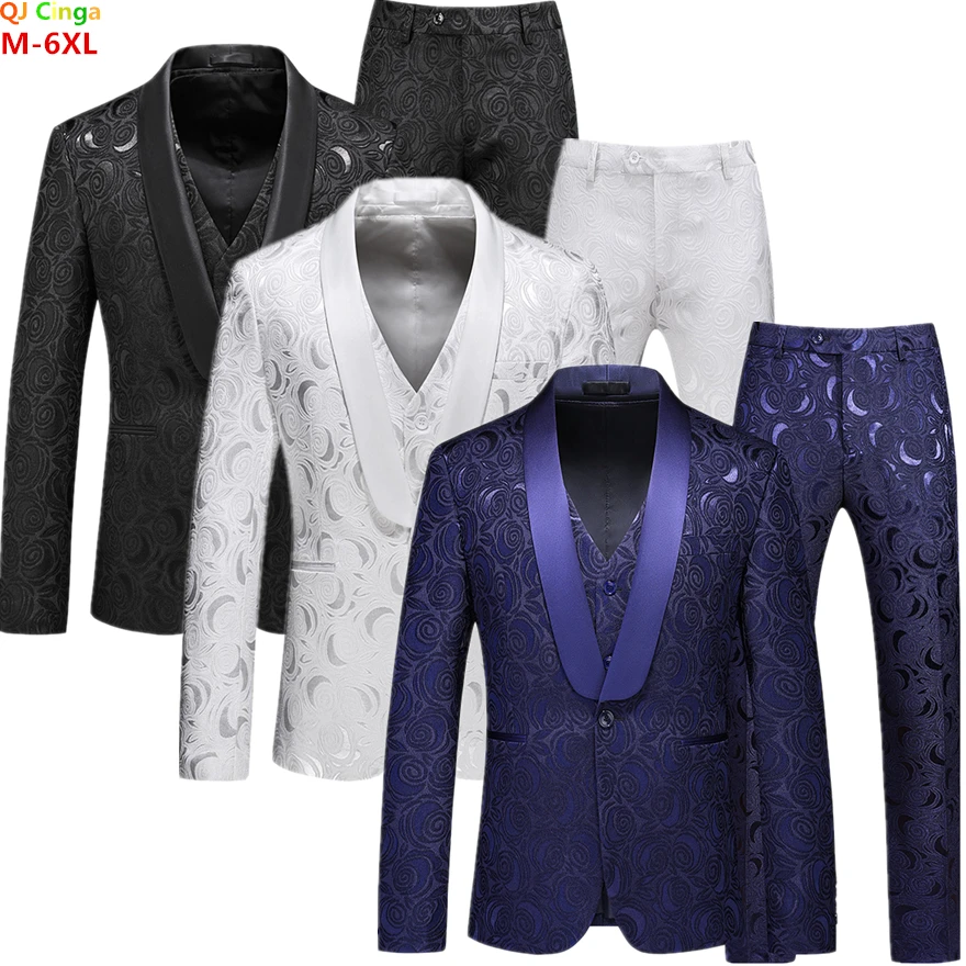 Men's Three-piece Suit with A White Rose Pattern, Wedding Party Dress Sets, Black Jacquard Fabric Jacket and Vest with Pants.
Men's Three-piece Suit with A White Rose Pattern, Wedding Party Dress Sets, Black Jacquard Fabric Jacket and Vest with Pants.