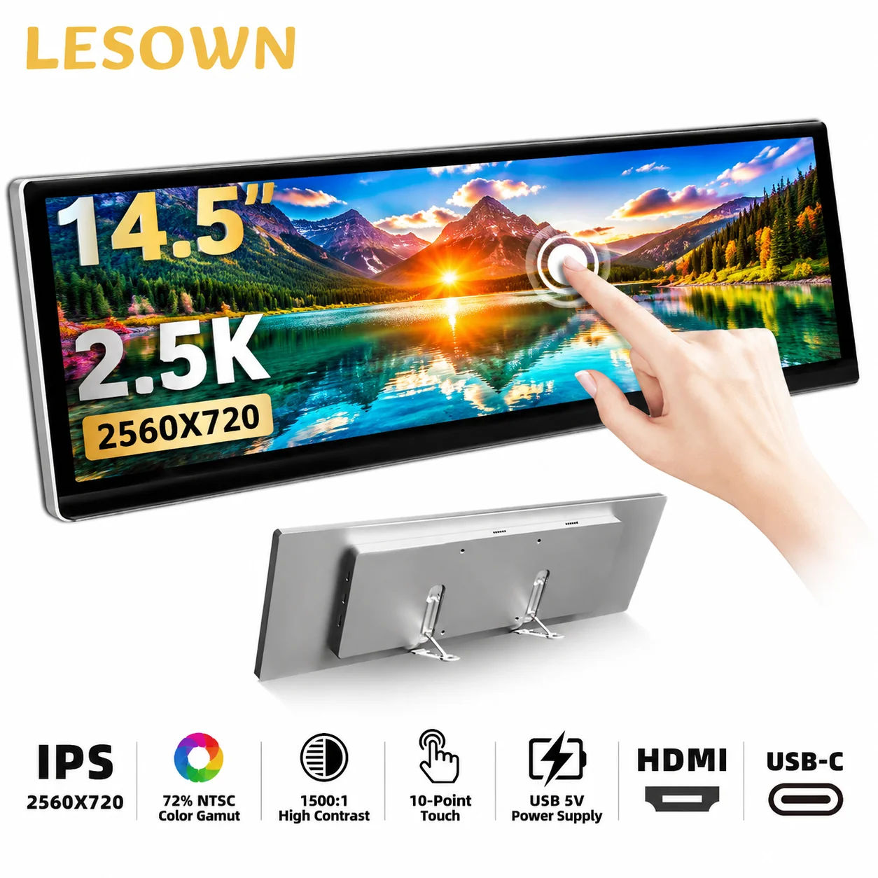 LESOWN 14.5 Inch Portable Touchscreen 2.5K Ultrawide Travel Display Driver-free External Screen with Speakers for Laptop
LESOWN 14.5 Inch Portable Touchscreen 2.5K Ultrawide Travel Display Driver-free External Screen with Speakers for Laptop