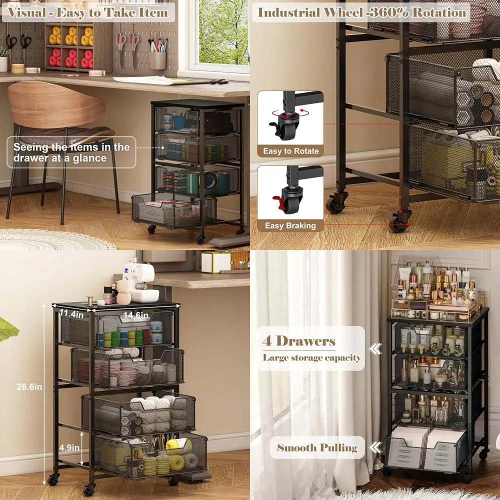 Rolling Cart with Drawers, 4-Drawer Storage Cart on Wheels with Wooden Top, Metal Utility Cart with Storage Drawers, Craft Stora
Rolling Cart with Drawers, 4-Drawer Storage Cart on Wheels with Wooden Top, Metal Utility Cart with Storage Drawers, Craft Stora