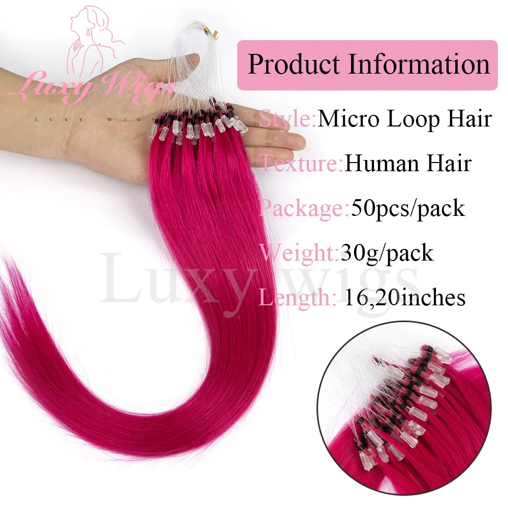 Straight Pink Micro Loop Hair Extensions Human Hair Micro Beads Halo Hair Extensions 12-20'' Colored Blue Purple Green Hair 16