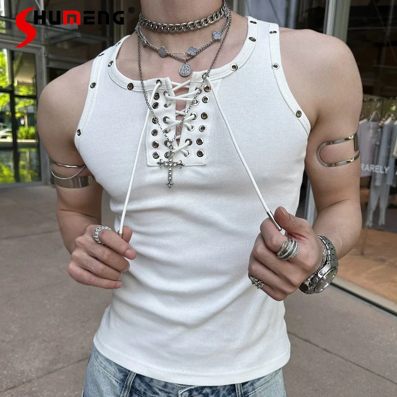 Trendy Lace-up Sleeveless Vests Men's 2026 Summer High Street Handsome Fashion Tank Tops Male Stylish Simple Solid Color Tops
Trendy Lace-up Sleeveless Vests Men's 2026 Summer High Street Handsome Fashion Tank Tops Male Stylish Simple Solid Color Tops