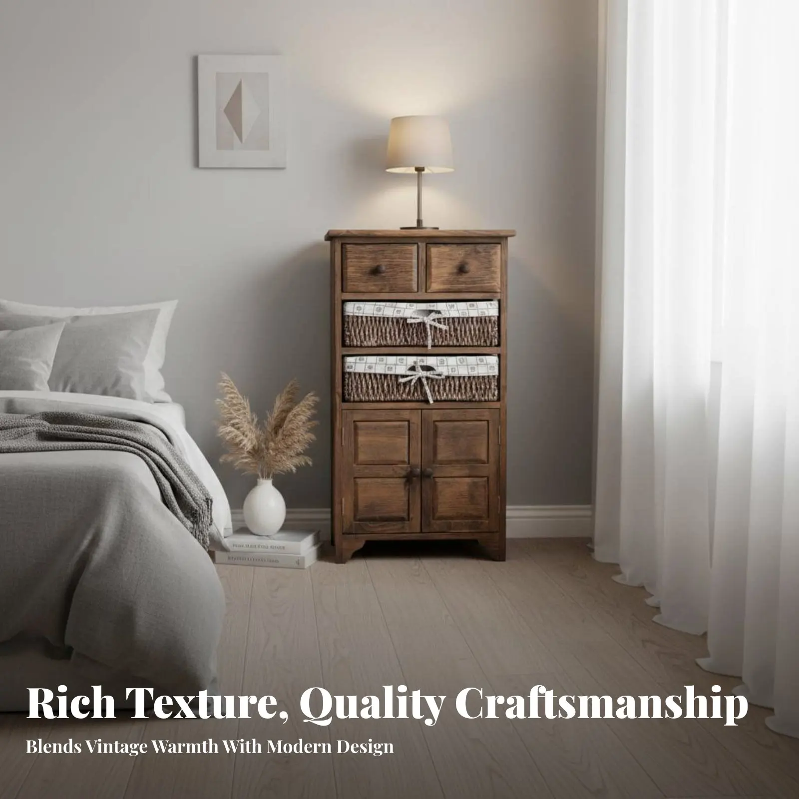 Locking Bedside Unit with Woven Drawers Vintage Inspired Bedside Drawer Unit Rustic Design Space-Saving Design for Adults
Locking Bedside Unit with Woven Drawers Vintage Inspired Bedside Drawer Unit Rustic Design Space-Saving Design for Adults
