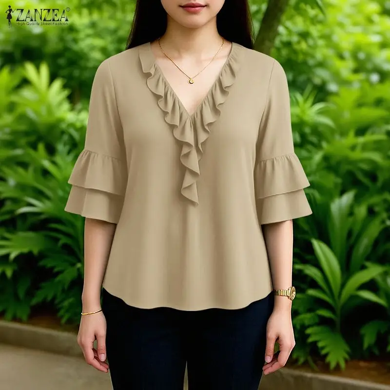ZANZEA 2026 Летняя элегантная женская блузка с V-образным вырезом и рукавами 3/4, свободная однотонная блуза с рюшами, стильный повседневный топ для отпуска
ZANZEA 2026 Летняя элегантная женская блузка с V-образным вырезом и рукавами 3/4, свободная однотонная блуза с рюшами, стильный повседневный топ для отпуска