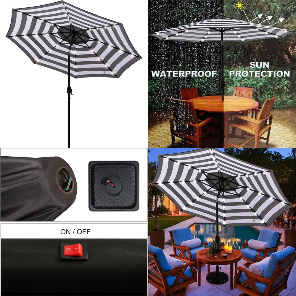 9 ft Solar LED Lighted Patio Umbrella with Tilt and Crank, Outdoor Umbrella for Garden, Deck, Backyard, Pool, Beach (Black and W
9 ft Solar LED Lighted Patio Umbrella with Tilt and Crank, Outdoor Umbrella for Garden, Deck, Backyard, Pool, Beach (Black and W