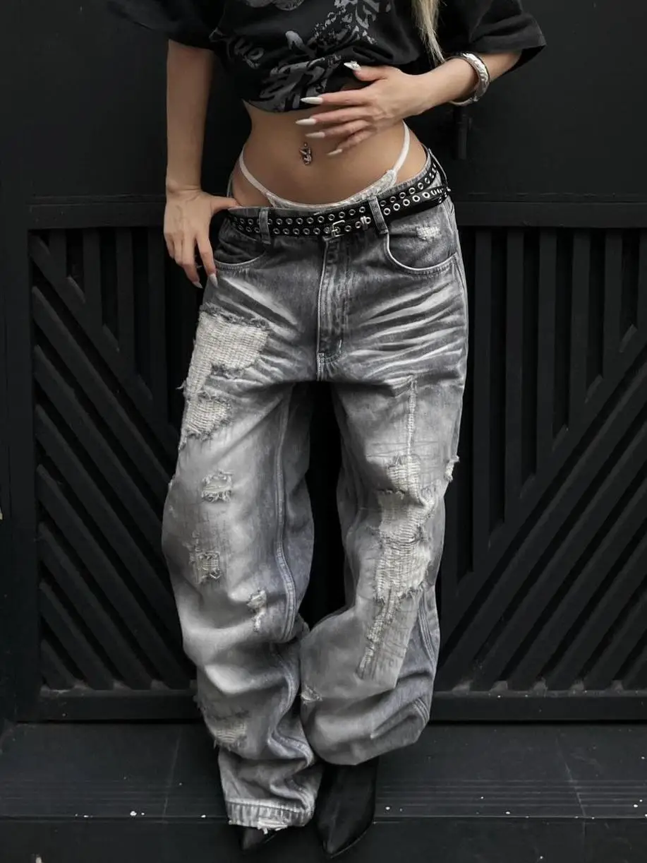 Women's Washed Black Gray Ripped Jeans 2000s Y2k Cyber American Street Hip Hop Large Size High Waist Loose Straight Floor Pants
Women's Washed Black Gray Ripped Jeans 2000s Y2k Cyber American Street Hip Hop Large Size High Waist Loose Straight Floor Pants