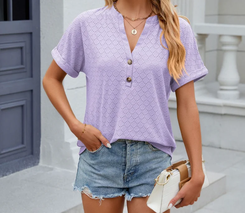 Solid Color V-Neck Button Decoration Loose Short Sleeved T-Shirt Top for Women's Summer Elegant Slim Fit Solid Color T-Shirt Top
Solid Color V-Neck Button Decoration Loose Short Sleeved T-Shirt Top for Women's Summer Elegant Slim Fit Solid Color T-Shirt Top