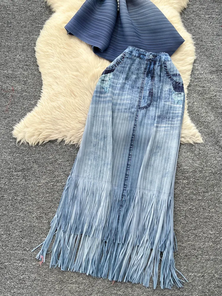 Faionable Knot Waist Asymmetrical Pleated Top High Waist Fringed Skirt Two Piece Set Women's Clothing Summer Season
Faionable Knot Waist Asymmetrical Pleated Top High Waist Fringed Skirt Two Piece Set Women's Clothing Summer Season