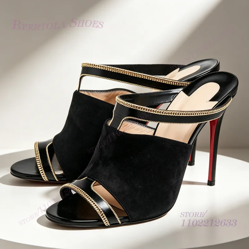 Suede Black Openwork Sandal With Gold Chain Trim String Peep Toe Open Heel Women Leather Stiletto Ruffle Heel Casual Summer Shoe
Suede Black Openwork Sandal With Gold Chain Trim String Peep Toe Open Heel Women Leather Stiletto Ruffle Heel Casual Summer Shoe