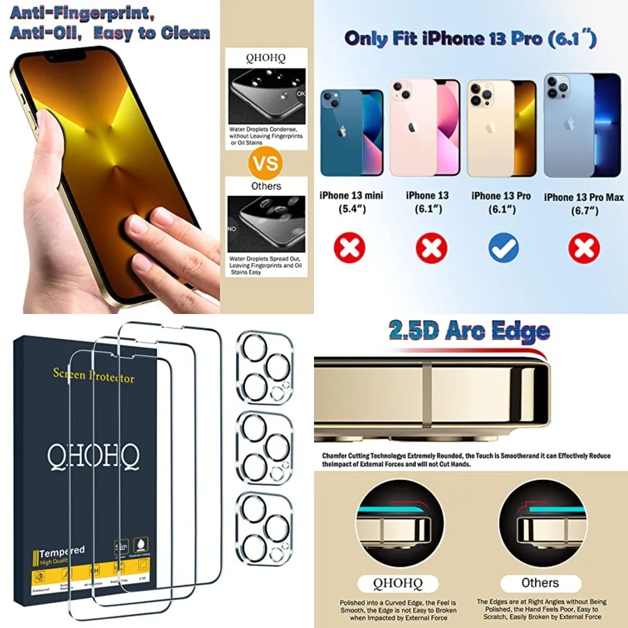 3 Pack Screen Protector for iPhone 13 Pro 6.1 Inch with 3 Pack Tempered Glass Camera Lens Protector, Ultra HD, 9H Hardness, Scr
3 Pack Screen Protector for iPhone 13 Pro 6.1 Inch with 3 Pack Tempered Glass Camera Lens Protector, Ultra HD, 9H Hardness, Scr