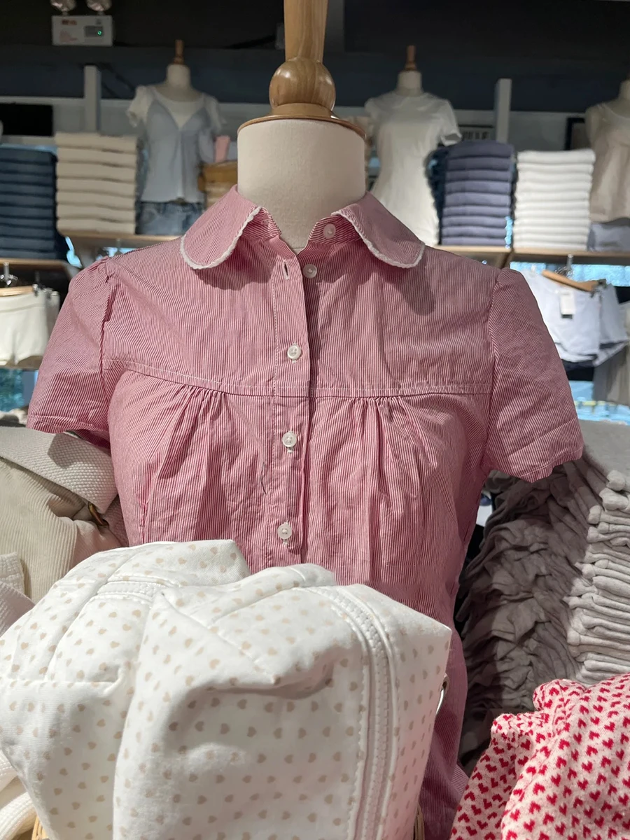 Red Striped Slim Short Sleeve Blouse Women Lace Trim Peter Pan Collar Single Breasted Blouses Preppy Style Sweet Casual Shirts
Red Striped Slim Short Sleeve Blouse Women Lace Trim Peter Pan Collar Single Breasted Blouses Preppy Style Sweet Casual Shirts