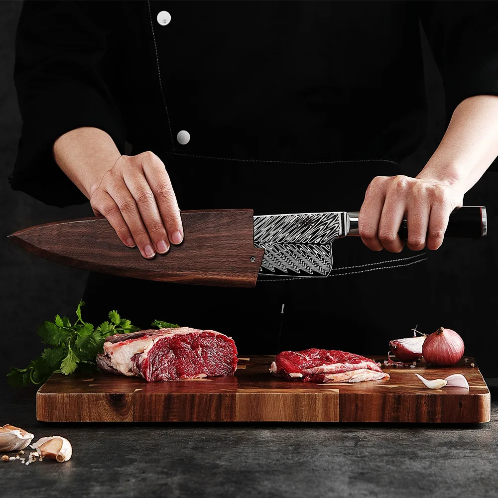 8 Inch Gyuto Knife With Walnut Sheath 73-Layers Damascus Steel 10Cr15Mov Blade Chef Cleaver Slicing Kitchen Knife Culinary Tools
8 Inch Gyuto Knife With Walnut Sheath 73-Layers Damascus Steel 10Cr15Mov Blade Chef Cleaver Slicing Kitchen Knife Culinary Tools