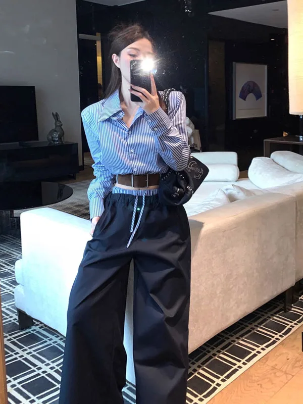 Elegant Blue Striped Long Sleeve Shirt Women's Fashion Color Block Wide Leg Pants Set Autumn New Arrival Commute Style
Elegant Blue Striped Long Sleeve Shirt Women's Fashion Color Block Wide Leg Pants Set Autumn New Arrival Commute Style